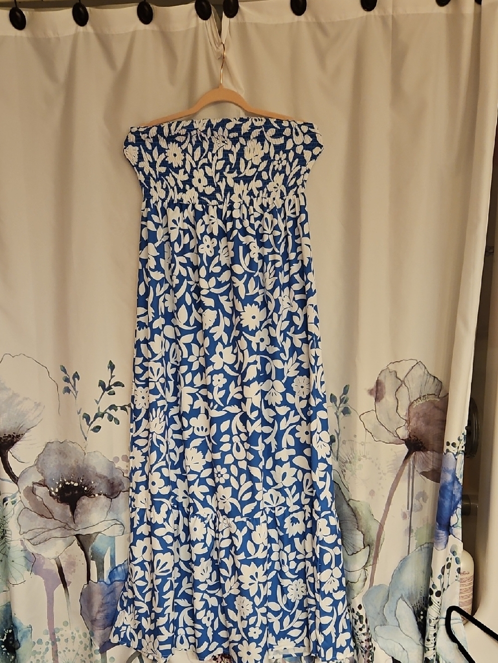 Amazon Blue and White Flo6ral Smocked Strapless Maxi Dress